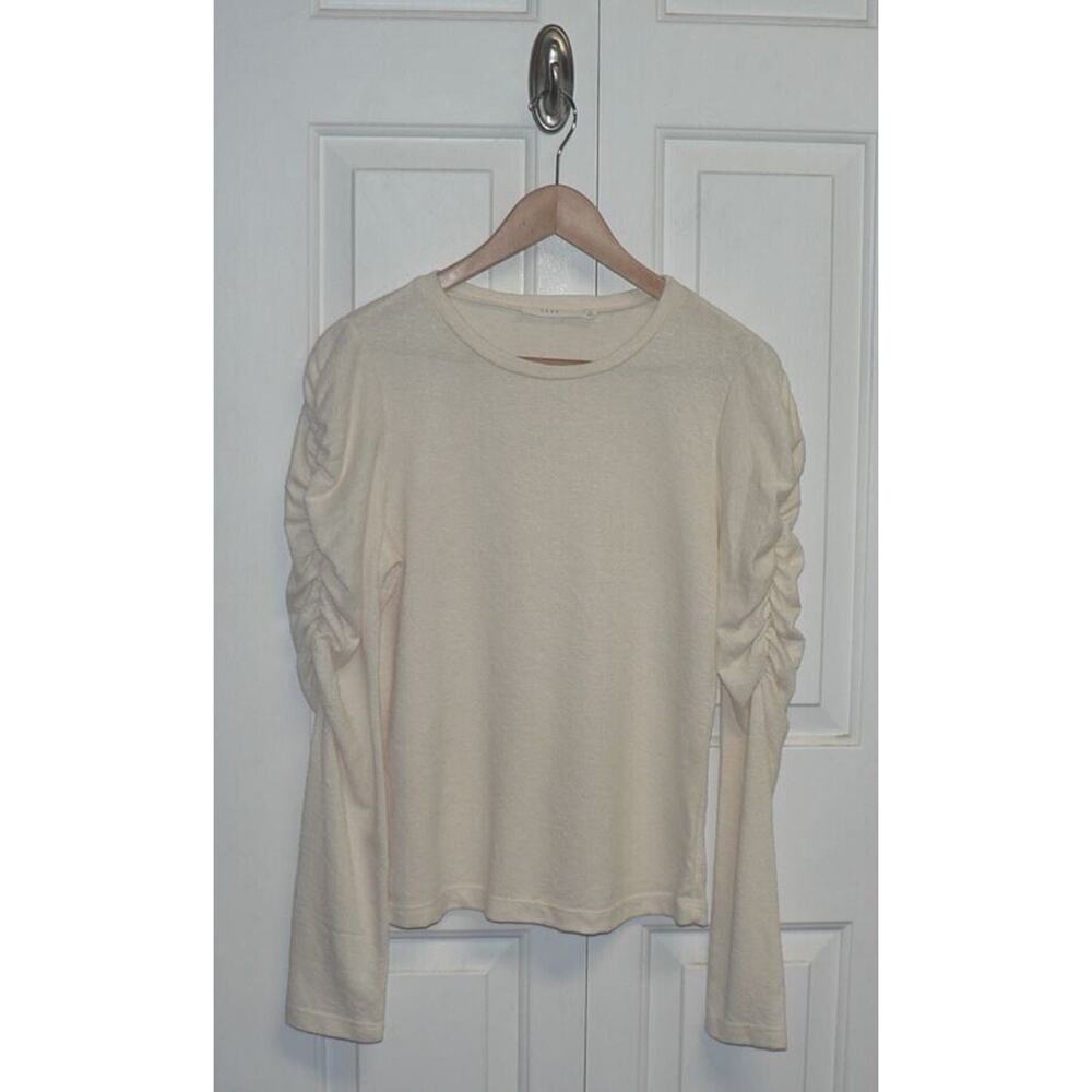 Lush Women's Round Neck Long Ruched Sleeves Polyester Blend Knit Top Cream Large